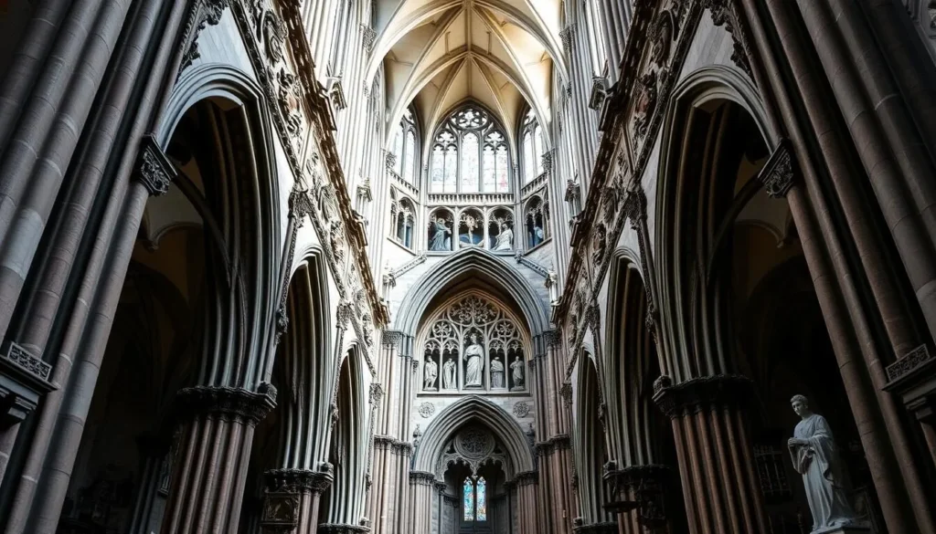 Generate an image of the Lausanne Cathedral's interior, highlighting its intricate stone carvings.