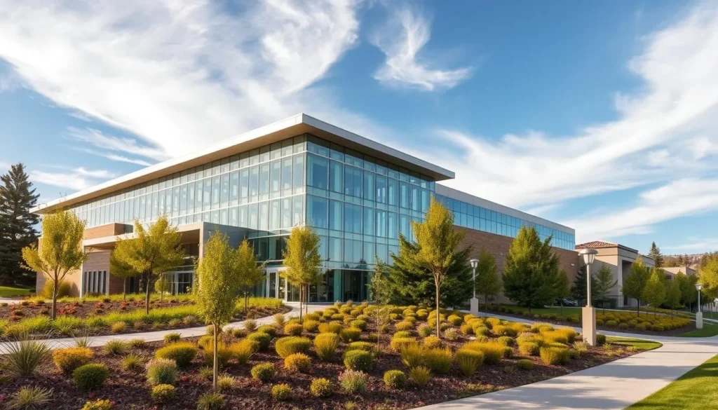 Generate an image of the Lawrence Livermore National Laboratory Discovery Center's exterior, showcasing its modern architecture and surrounding landscape.