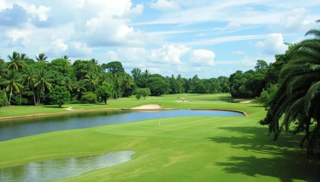 Generate an image of the Le Meridien Ibom Hotel & Golf Resort's lush golf course with golfers playing in a serene environment.