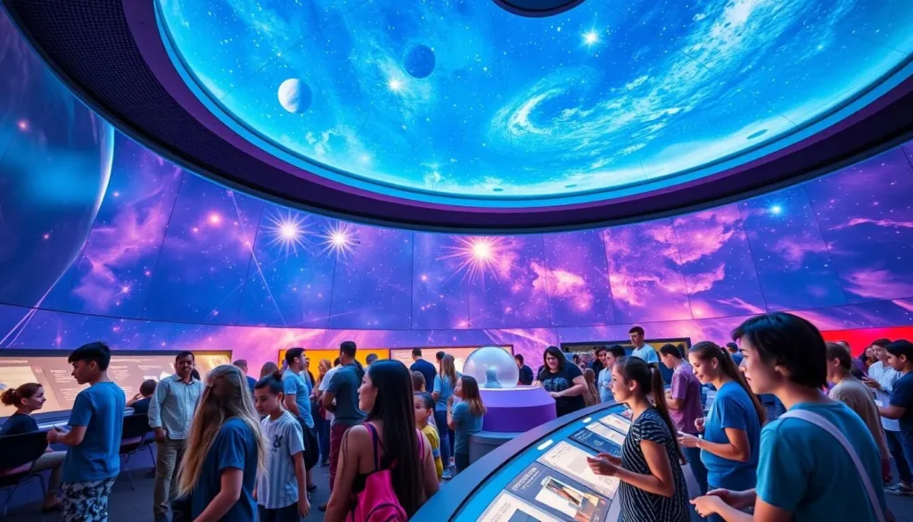 Generate an image of the Liberty Science Center's planetarium with visitors engaging with interactive exhibits.