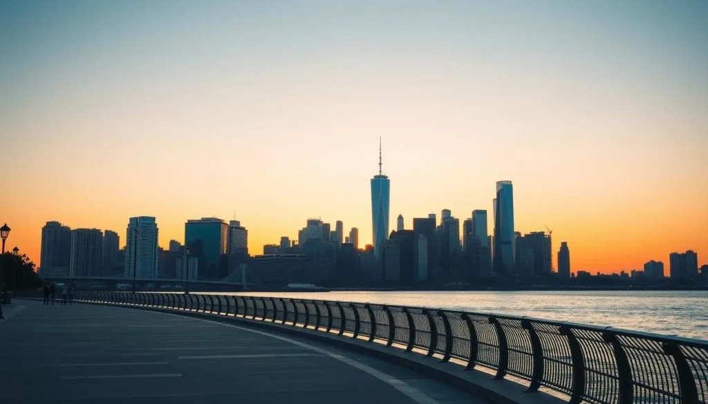 Generate an image of the Liberty State Park riverfront promenade with the Manhattan skyline in the background.