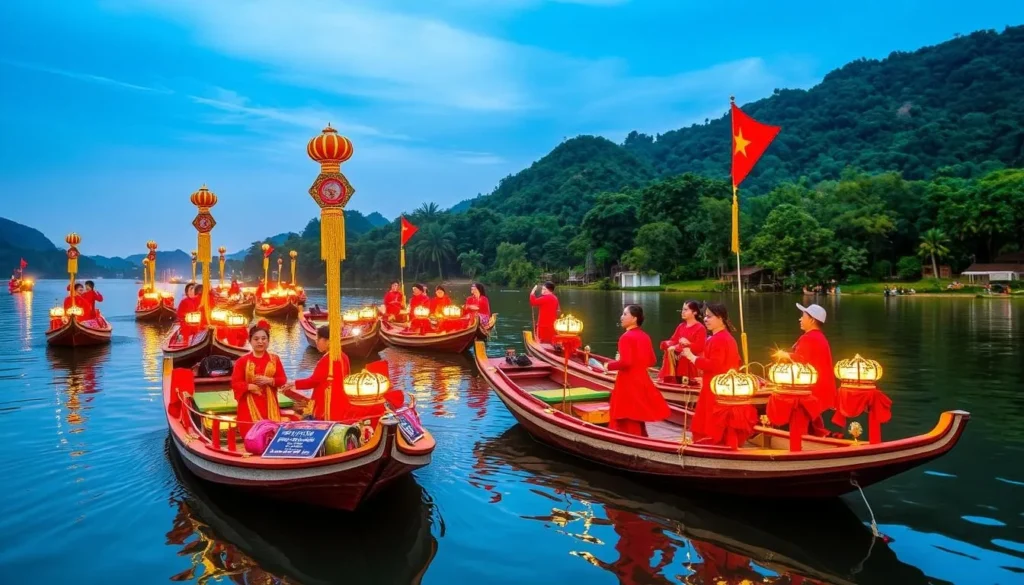 Generate an image of the Lim Festival in Bac Ninh province, Vietnam, showcasing traditional folk singing from decorated boats on Lim Lake.