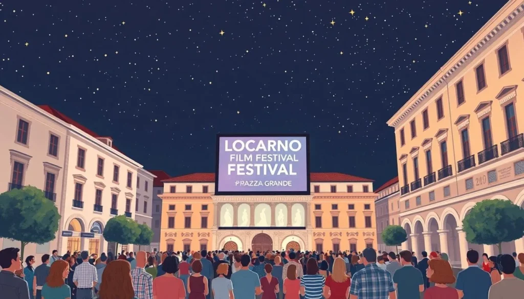 Generate an image of the Locarno Film Festival on Piazza Grande, with a large screen and audience under the stars.
