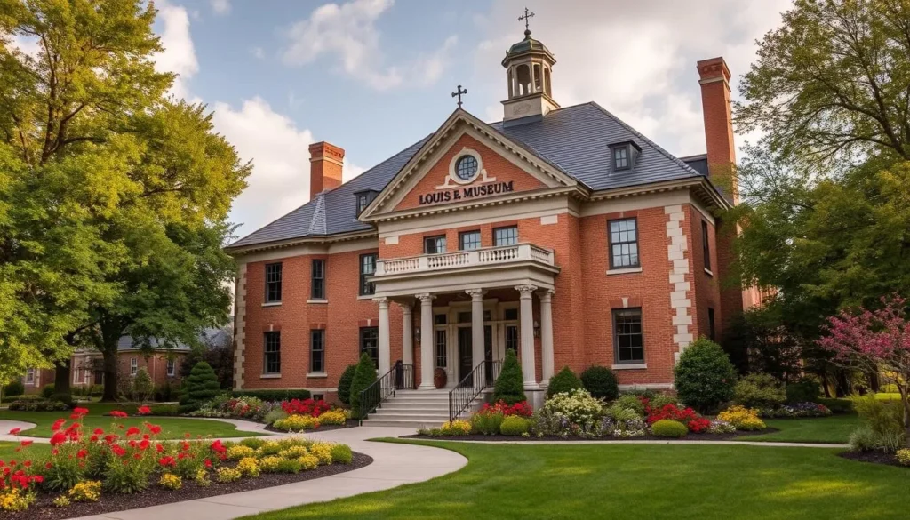 Generate an image of the Louis E. May Museum in Fremont, Nebraska, showcasing its historic building and surrounding gardens.