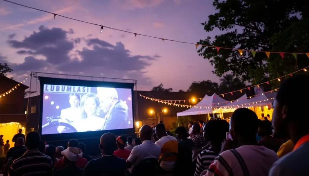 Generate an image of the Lubumbashi Film Festival, with people watching a film on a big screen.