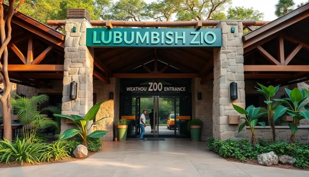 Generate an image of the Lubumbashi Zoo's main entrance, showcasing its naturalistic design and welcoming atmosphere.