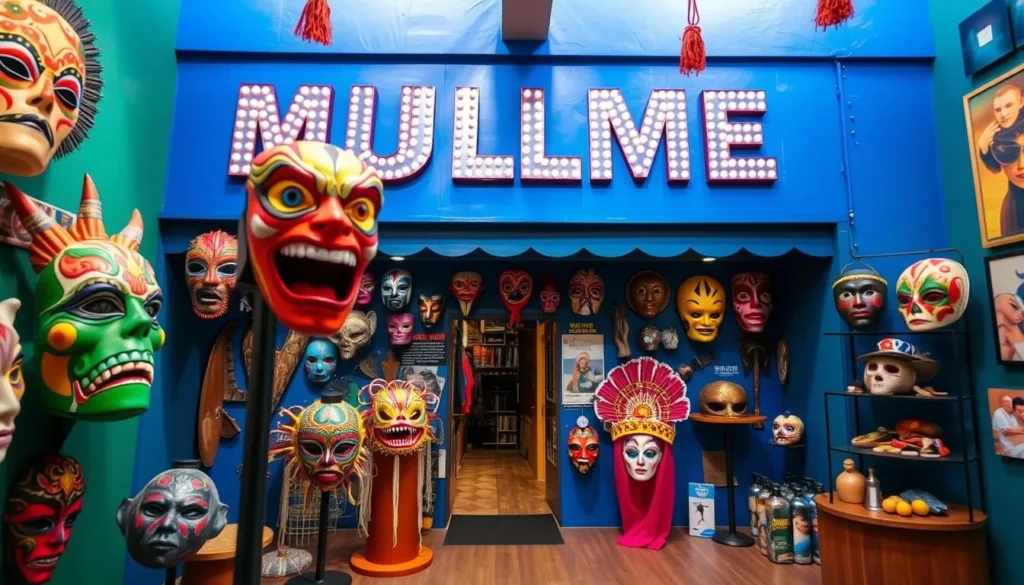 Generate an image of the Lucha Libre Museum (MULLME) showcasing its colorful masks and memorabilia.