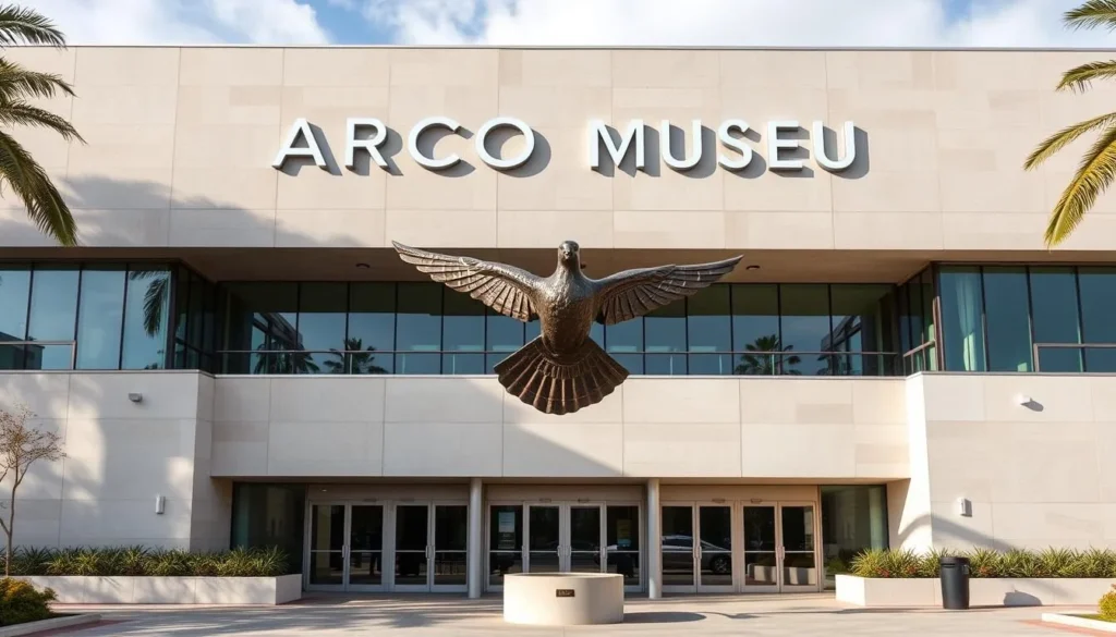 Generate an image of the MARCO Museum's facade, highlighting its modern architecture and the large bronze dove sculpture at the entrance.