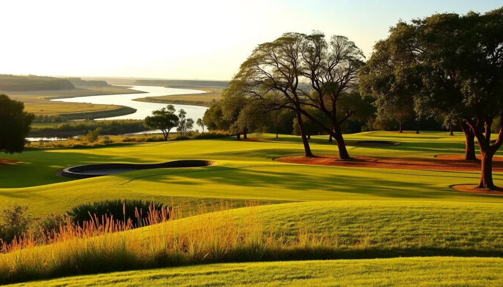 Generate an image of the Maccauvlei Golf Club's serene landscape with the Vaal River in the background.