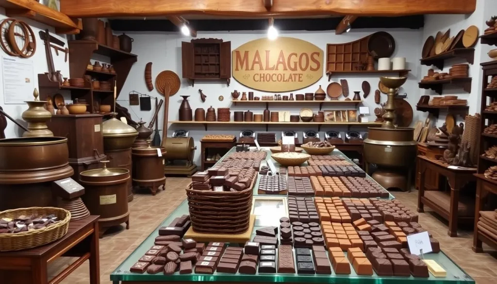 Generate an image of the Malagos Chocolate Museum, with chocolate-making equipment and samples on display.