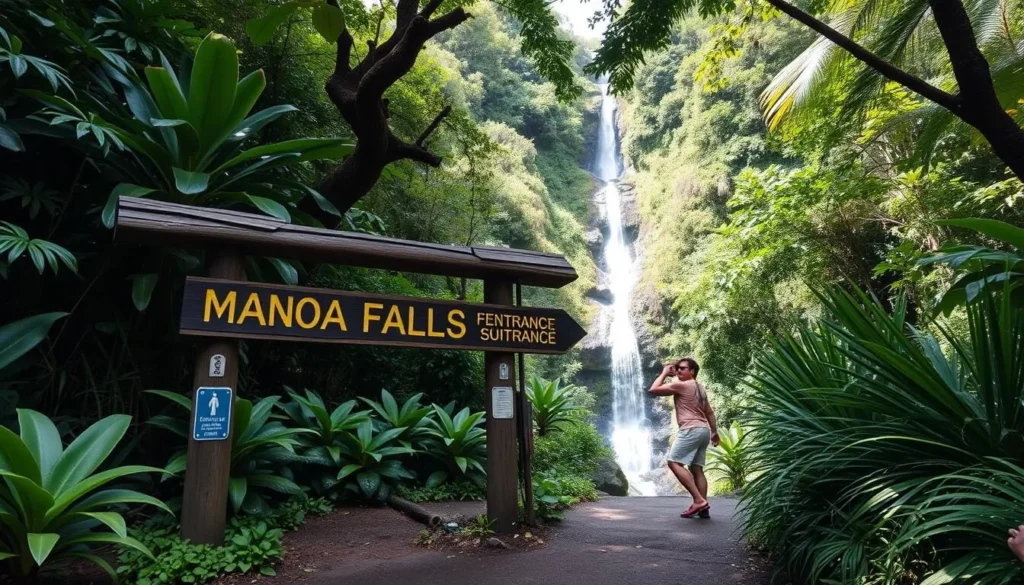 Generate an image of the Manoa Falls trail entrance