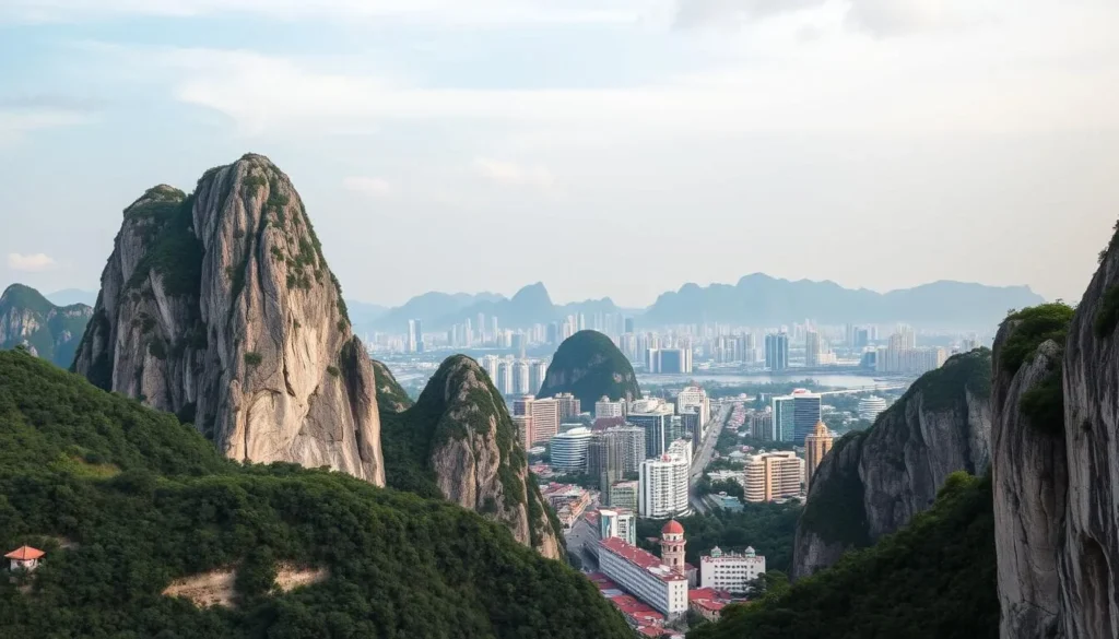 Generate an image of the Marble Mountains with a panoramic view of Da Nang city