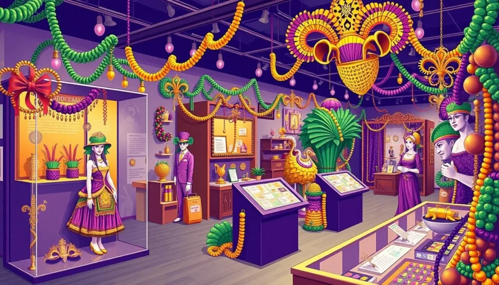 Generate an image of the Mardi Gras Museum's vibrant exhibits.