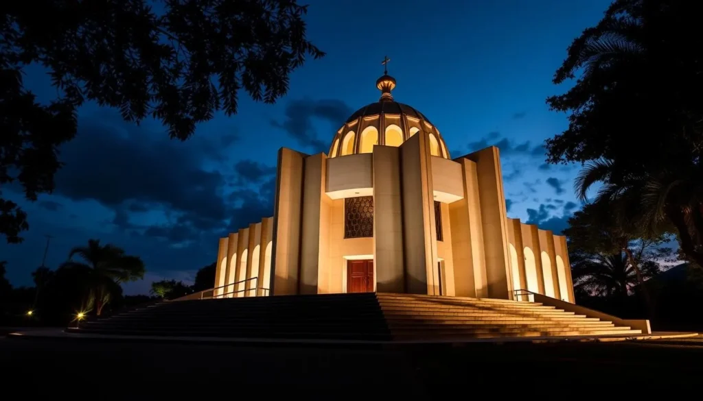 Generate an image of the Marien Ngouabi Mausoleum in Brazzaville, Congo, showcasing its modernist architecture and serene surroundings.