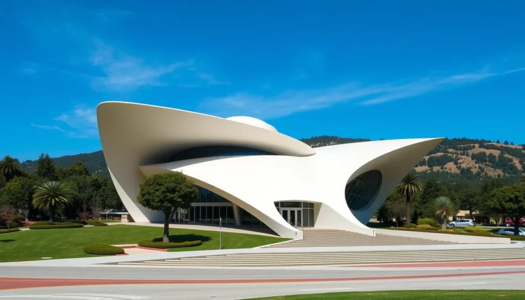 Generate an image of the Marin County Civic Center, showcasing its futuristic design and beautiful surroundings.