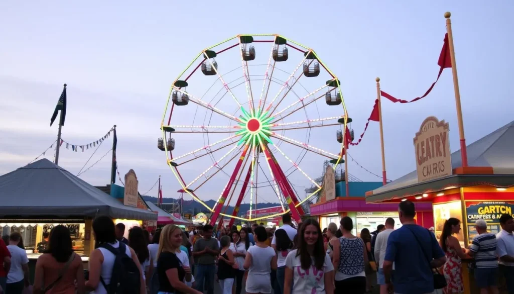 Generate an image of the Marin County Fair, with a Ferris wheel and people enjoying the festivities.
