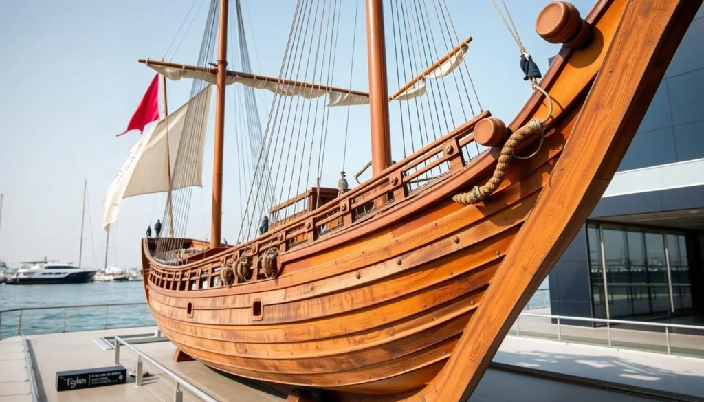 Generate an image of the Maritime Experiential Museum's life-sized Jewel of Muscat replica, a 9th-century Arabian dhow.
