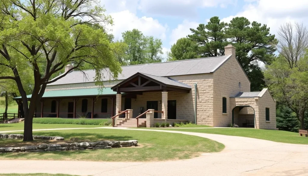 Generate an image of the Mastodon State Historic Site museum, showcasing its unique architecture and surrounding landscape.