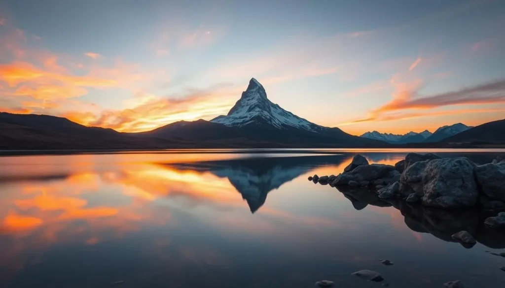 Generate an image of the Matterhorn reflected in Riffelsee lake during sunrise.