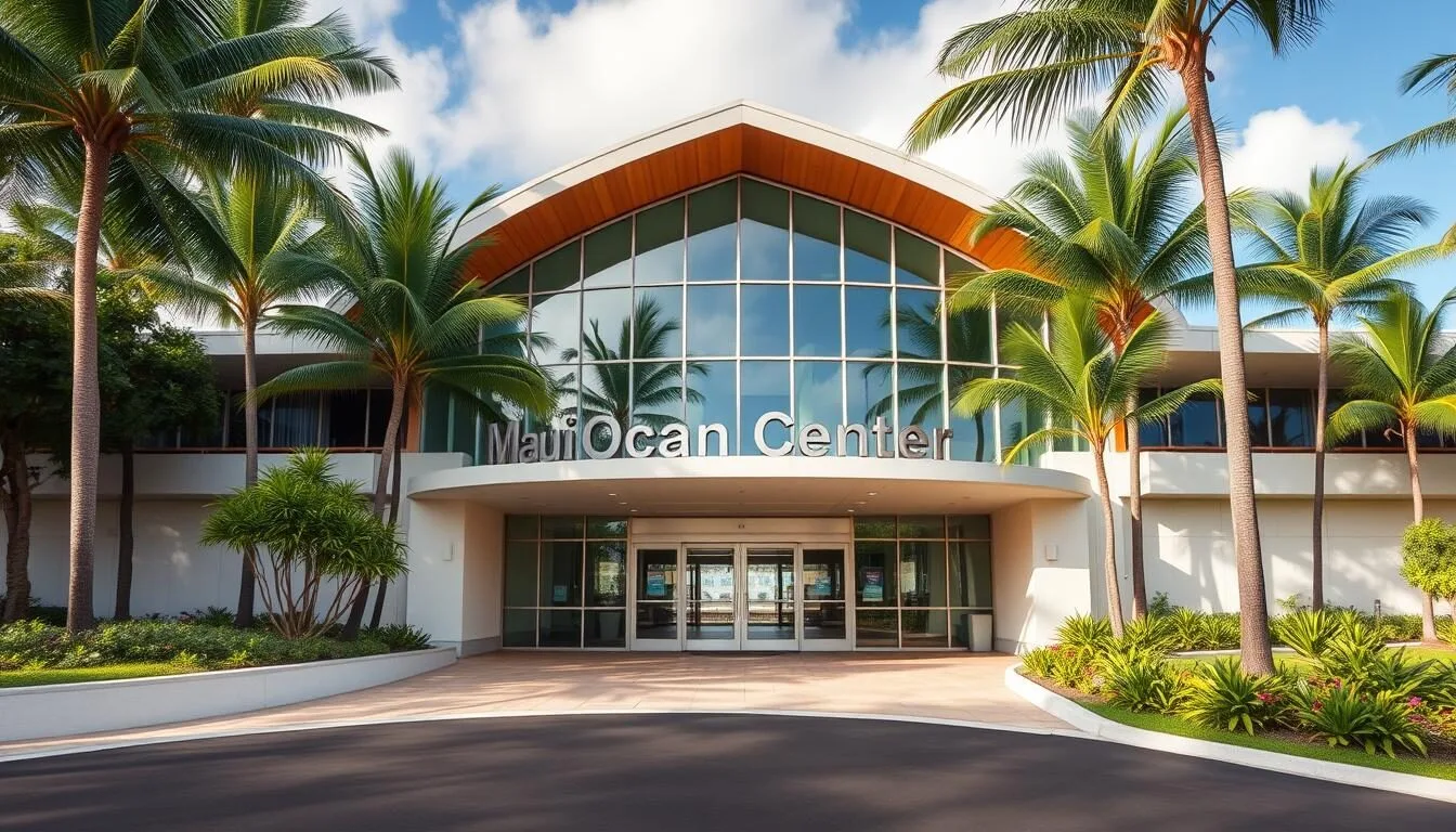 Generate an image of the Maui Ocean Center's main entrance, showcasing its modern architecture amidst a tropical setting.