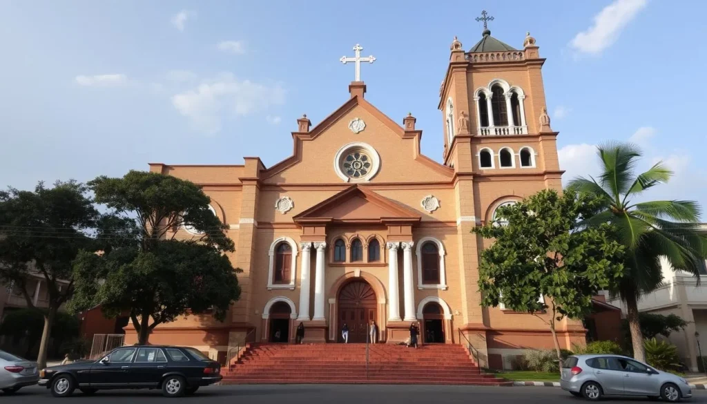 Generate an image of the Mbuji-Mayi Cathedral's facade, showcasing its architectural details and surroundings.