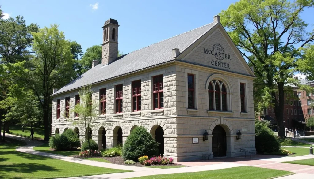 Generate an image of the McCarter Theatre Center's historic stone building on the Princeton University campus.