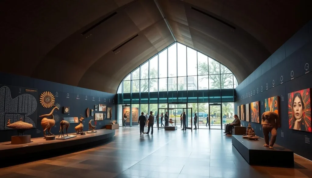 Generate an image of the Melbourne Museum's Bunjilaka Aboriginal Cultural Centre, showcasing its artifacts and contemporary art.