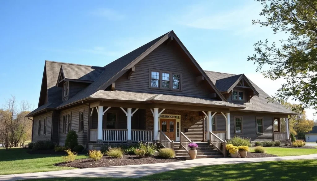 Generate an image of the Mennonite Heritage Center in Millersburg, Ohio, showcasing its architecture and surroundings.
