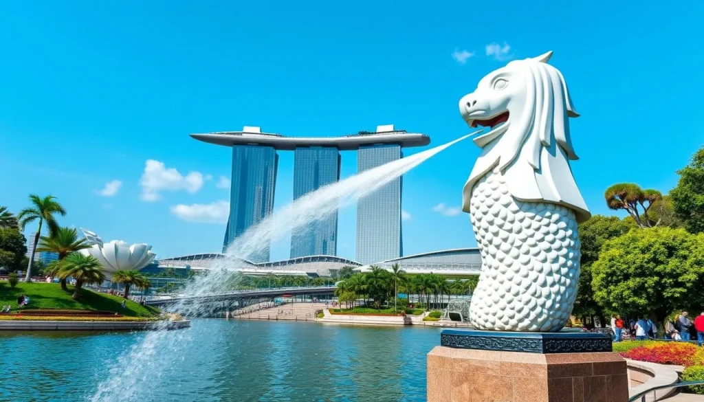 Generate an image of the Merlion statue at Merlion Park with the Marina Bay Sands hotel in the background.