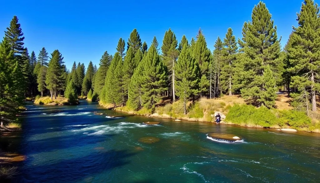 Generate an image of the Metolius River with its deep blue color surrounded by pine trees.