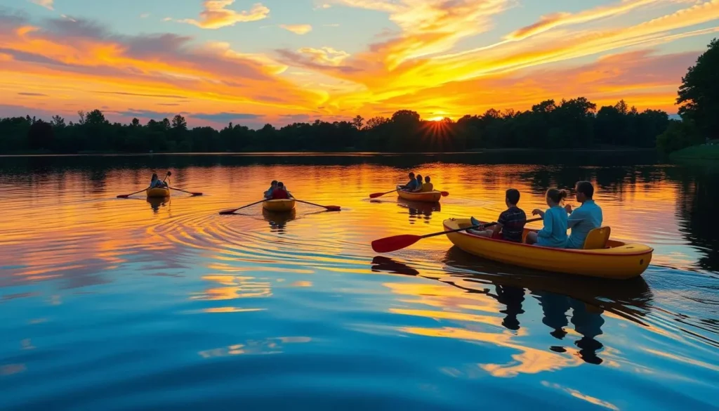 Generate an image of the Metropolitan Ecological Park's scenic lake with families enjoying paddle boating during sunset.