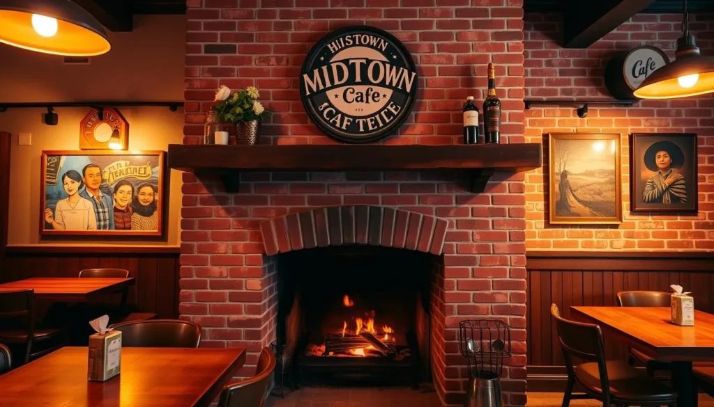 Generate an image of the Midtown Café in Greenville, Mississippi, highlighting its historic brick fireplace.