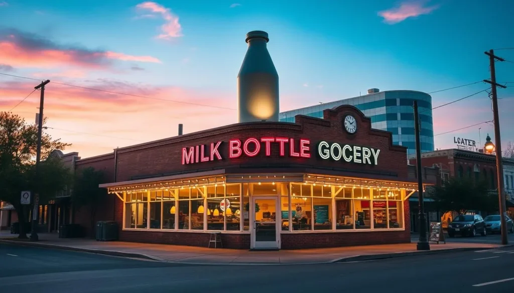 Generate an image of the Milk Bottle Grocery, a historic building topped with a giant milk bottle in Oklahoma City.