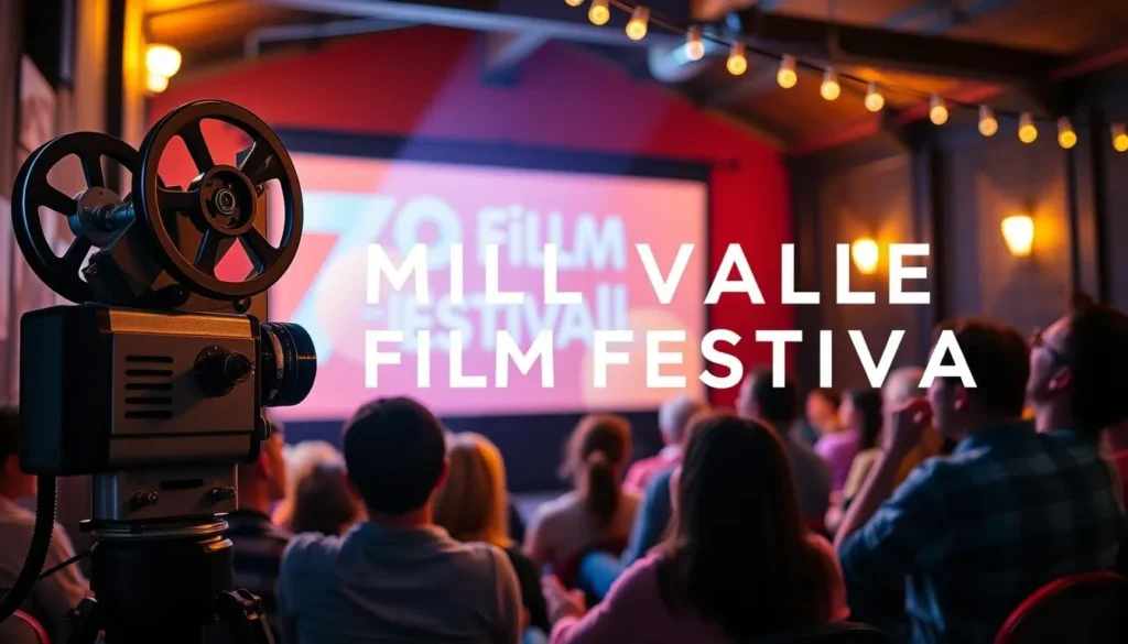 Generate an image of the Mill Valley Film Festival, with a film projector and people watching a movie.