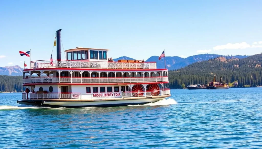 Generate an image of the Miss Liberty Paddlewheel Tour Boat, showcasing the charming paddlewheel boat cruising on Big Bear Lake.