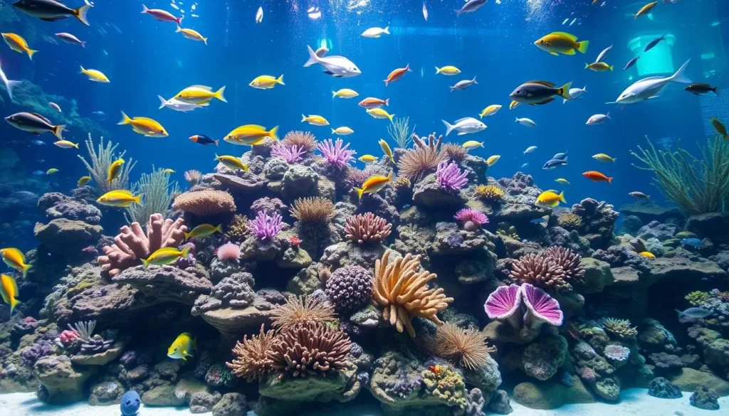 Generate an image of the Mississippi Aquarium's main exhibit featuring a variety of marine life.