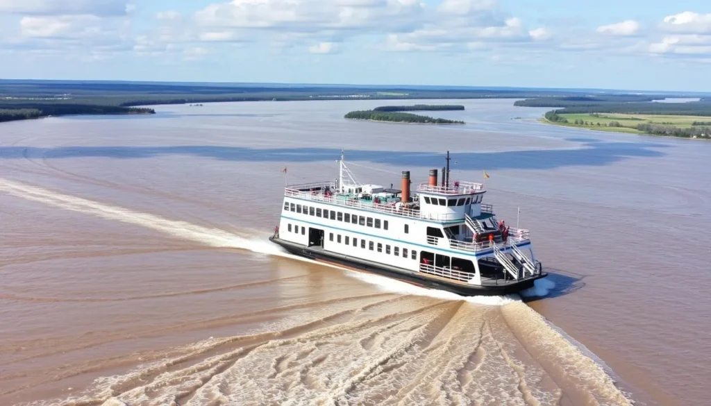 Generate an image of the Mississippi River Ste. Gen-Modoc Ferry crossing the river.