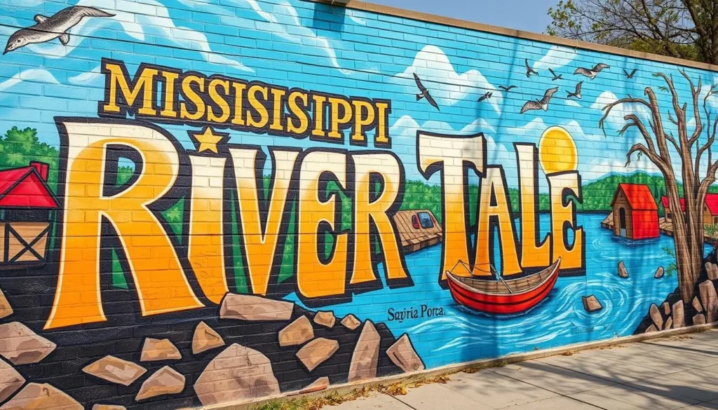 Generate an image of the Mississippi River Tales Mural in Cape Girardeau, showcasing its vibrant colors and historical significance.