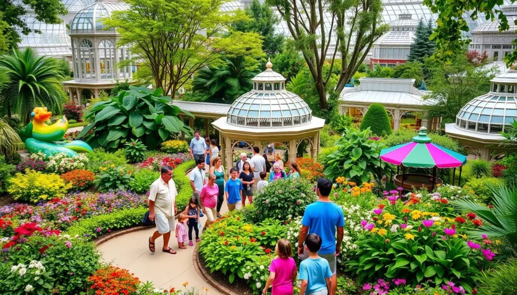Generate an image of the Missouri Botanical Garden, featuring the beautiful gardens, conservatories, and the Children's Garden with Great Green Adventures.