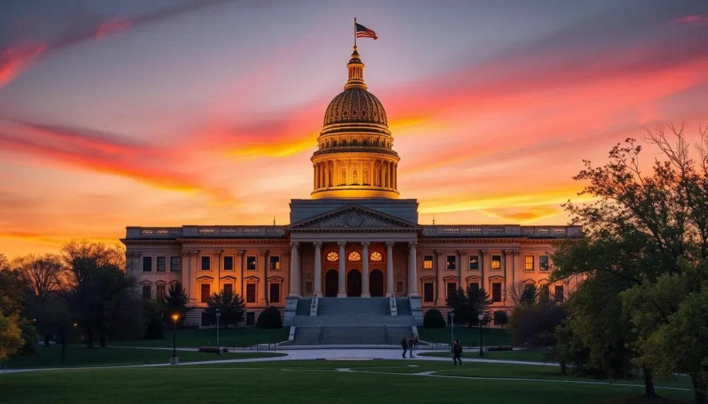 Generate an image of the Missouri State Capitol building at sunset.