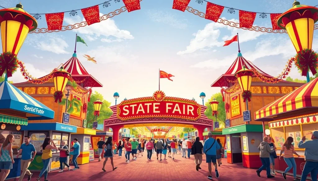 Generate an image of the Missouri State Fair entrance with vibrant colors and lively atmosphere.