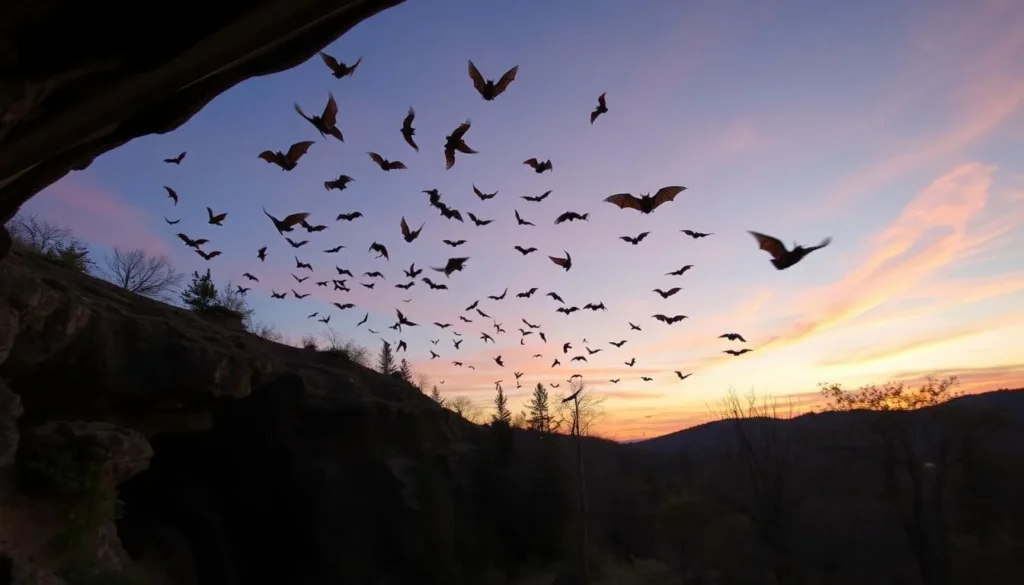 Generate an image of the Monfort Bat Cave Sanctuary at dusk with bats emerging from the cave.