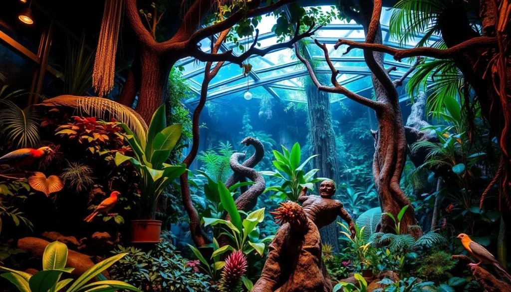 Generate an image of the Montreal Biodôme's tropical rainforest ecosystem.