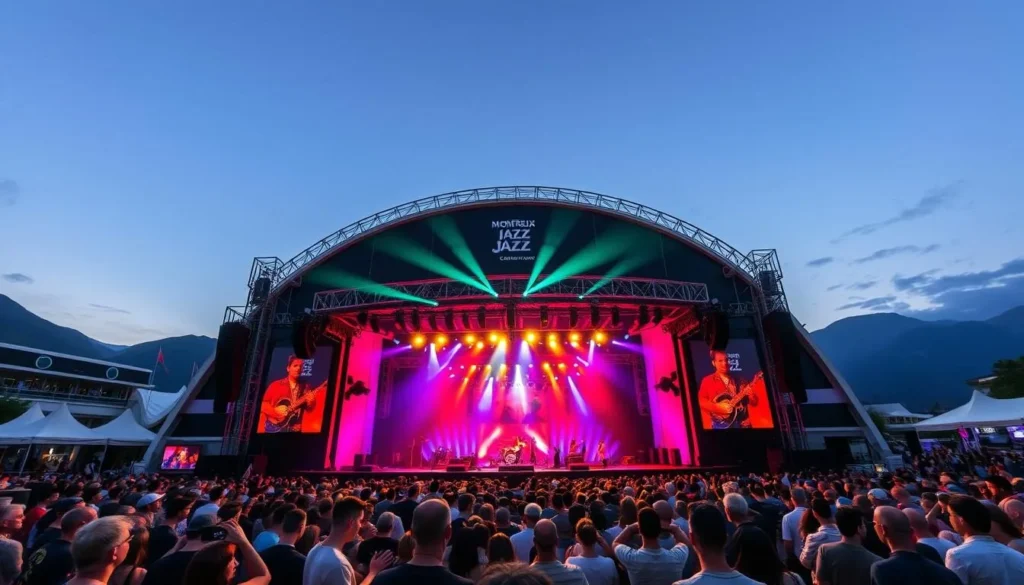 Generate an image of the Montreux Jazz Festival main stage at the Montreux Music & Convention Centre.