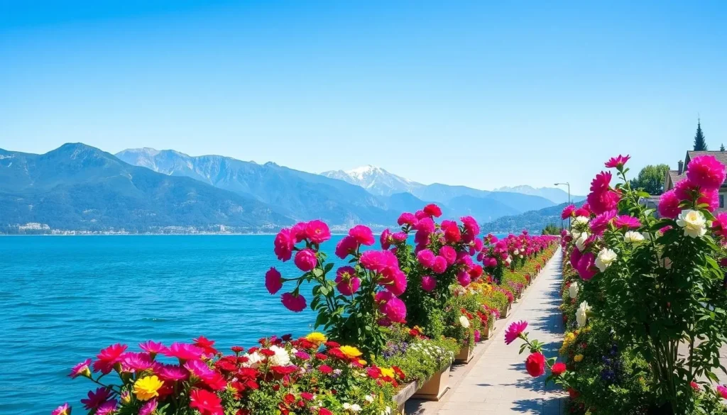 Generate an image of the Montreux lakeside promenade with blooming flowers and the Alps in the background.