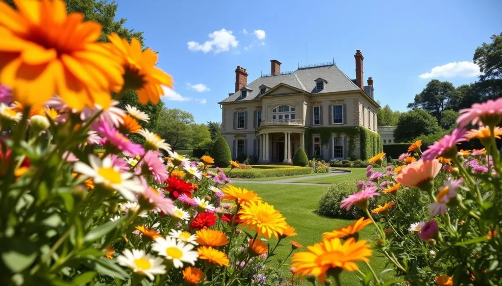 Generate an image of the Morven Museum and Garden's historic mansion surrounded by blooming flowers.