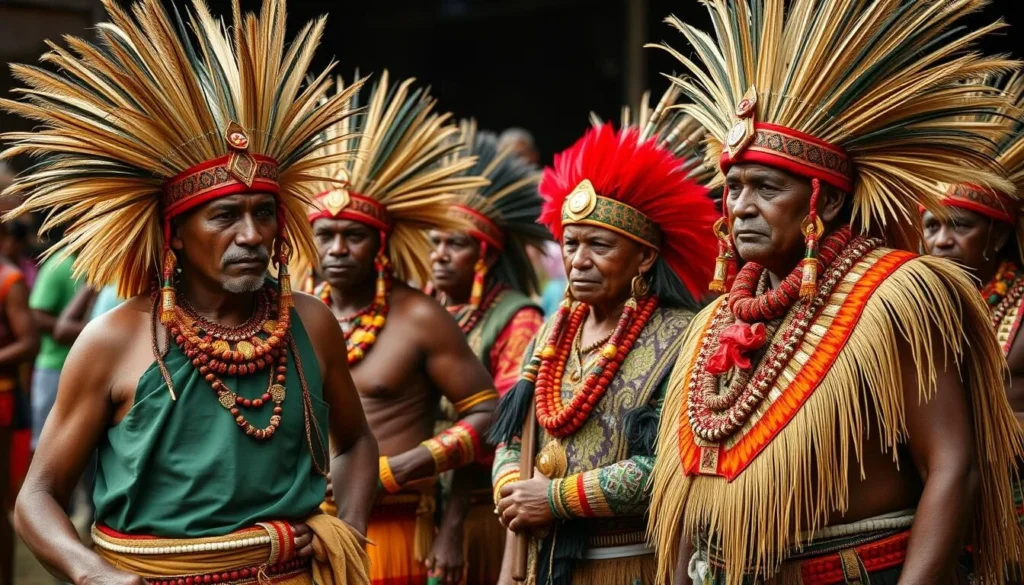 Generate an image of the Mount Hagen Cultural Show featuring Huli Wigmen and tribal performers in vibrant costumes.