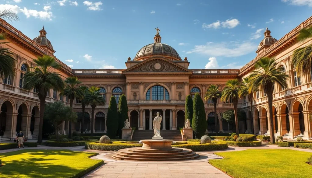Generate an image of the Museum of Fine Arts in Toluca, showcasing its beautiful architecture and surrounding gardens.