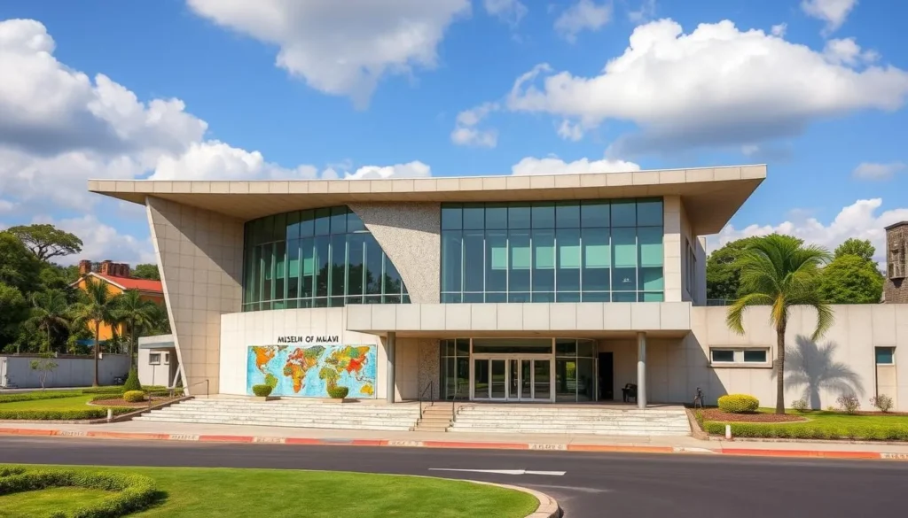 Generate an image of the Museum of Malawi's exterior, showcasing its modern architecture amidst the Blantyre landscape.