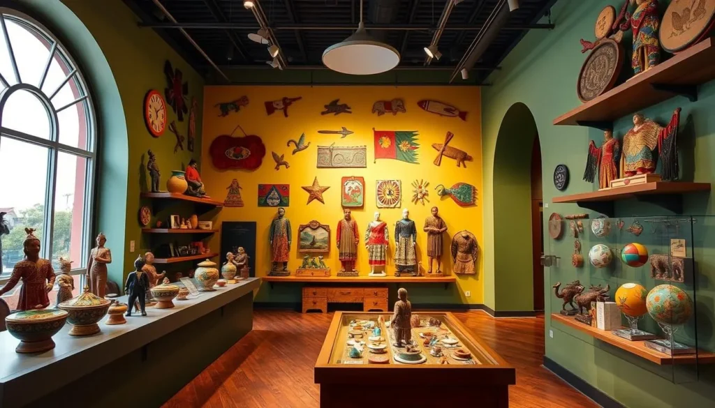 Generate an image of the Museum of Popular Cultures, showcasing its vibrant exhibits on traditional Mexican folk art and crafts.